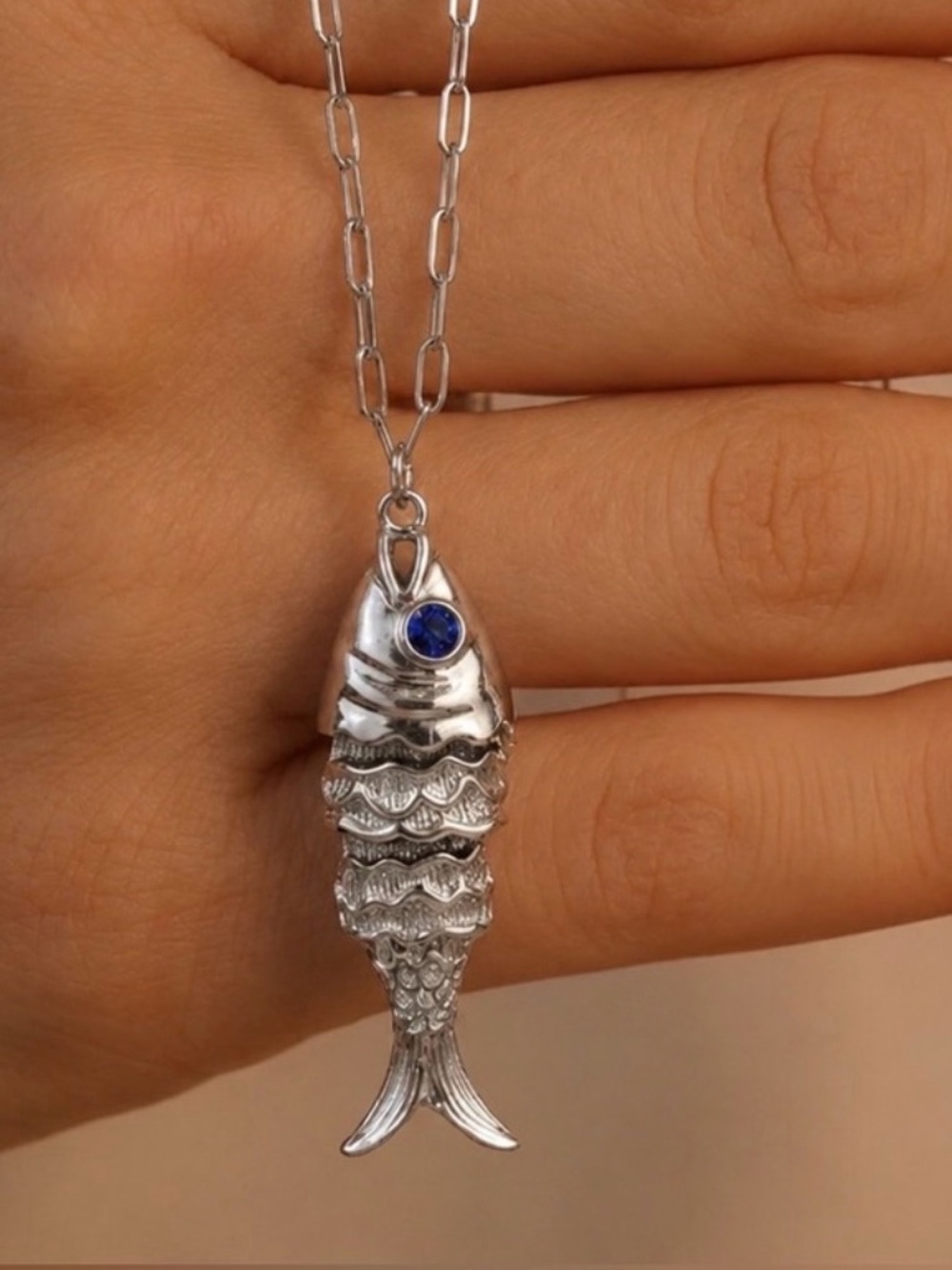 Silver Fish Pendant Necklace with Blue Accent